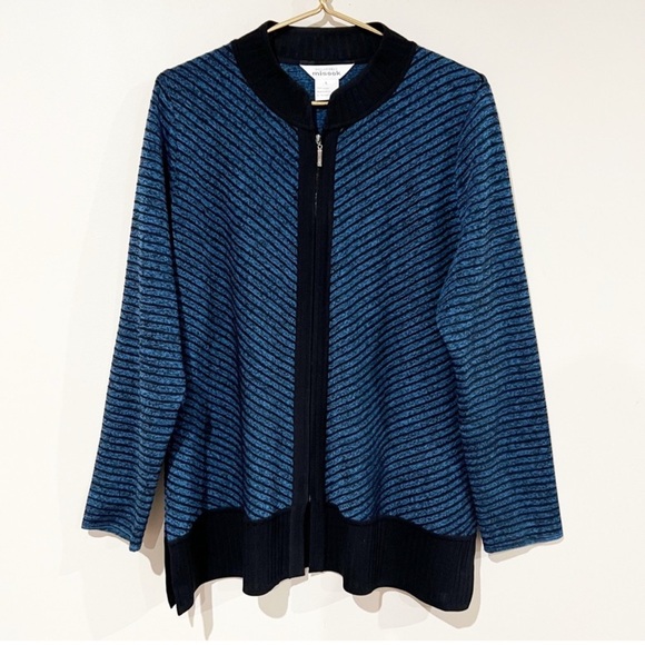 Exclusively Misook Blue & Black Textured Long Zip Up Top Jacket Classy Size XL - Picture 1 of 6